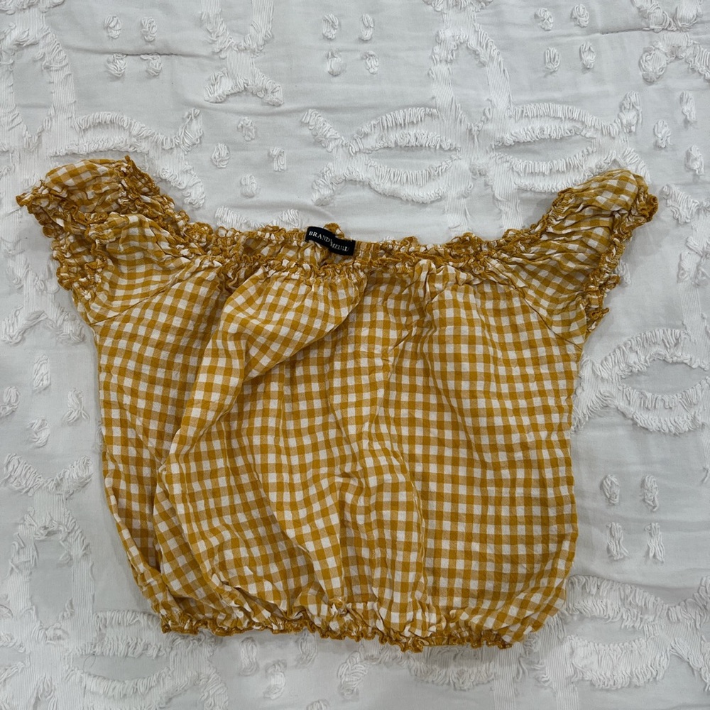 Brandy Melville Yellow and White Gingham Crop Top- One Size💛